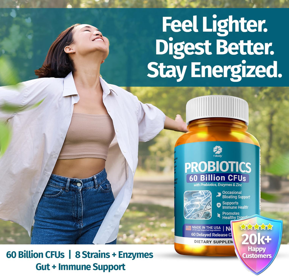 1 Body Probiotic 60 Billion for Men & Women, Gut Health Support with Prebiotics, Digestive Enzymes, Zinc & L-Glutamine, Non-GMO, 60 Vegan Capsules - OzHealthStandard