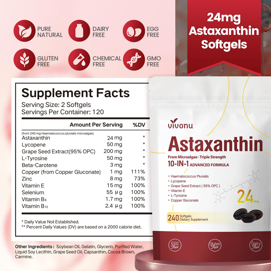 10 in 1 Astaxanthin Supplements 24mg, 4 Month Supply, Astaxantina Antioxidant from Fresh Haematococcus Pluvialis, Contains Lycopene, Grape Seed, Vitamin E - OzHealthStandard