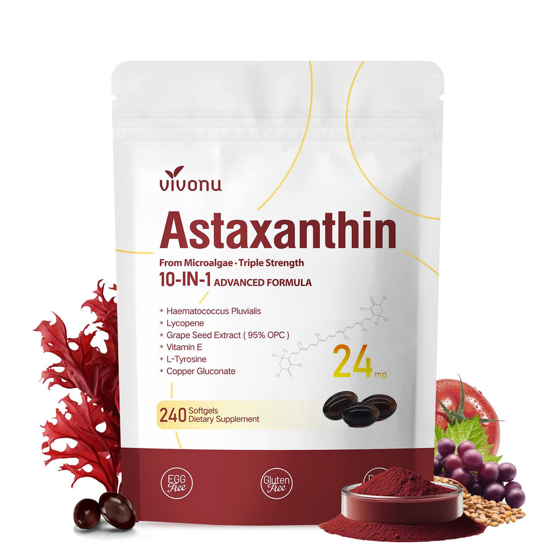 10 in 1 Astaxanthin Supplements 24mg, 4 Month Supply, Astaxantina Antioxidant from Fresh Haematococcus Pluvialis, Contains Lycopene, Grape Seed, Vitamin E - OzHealthStandard