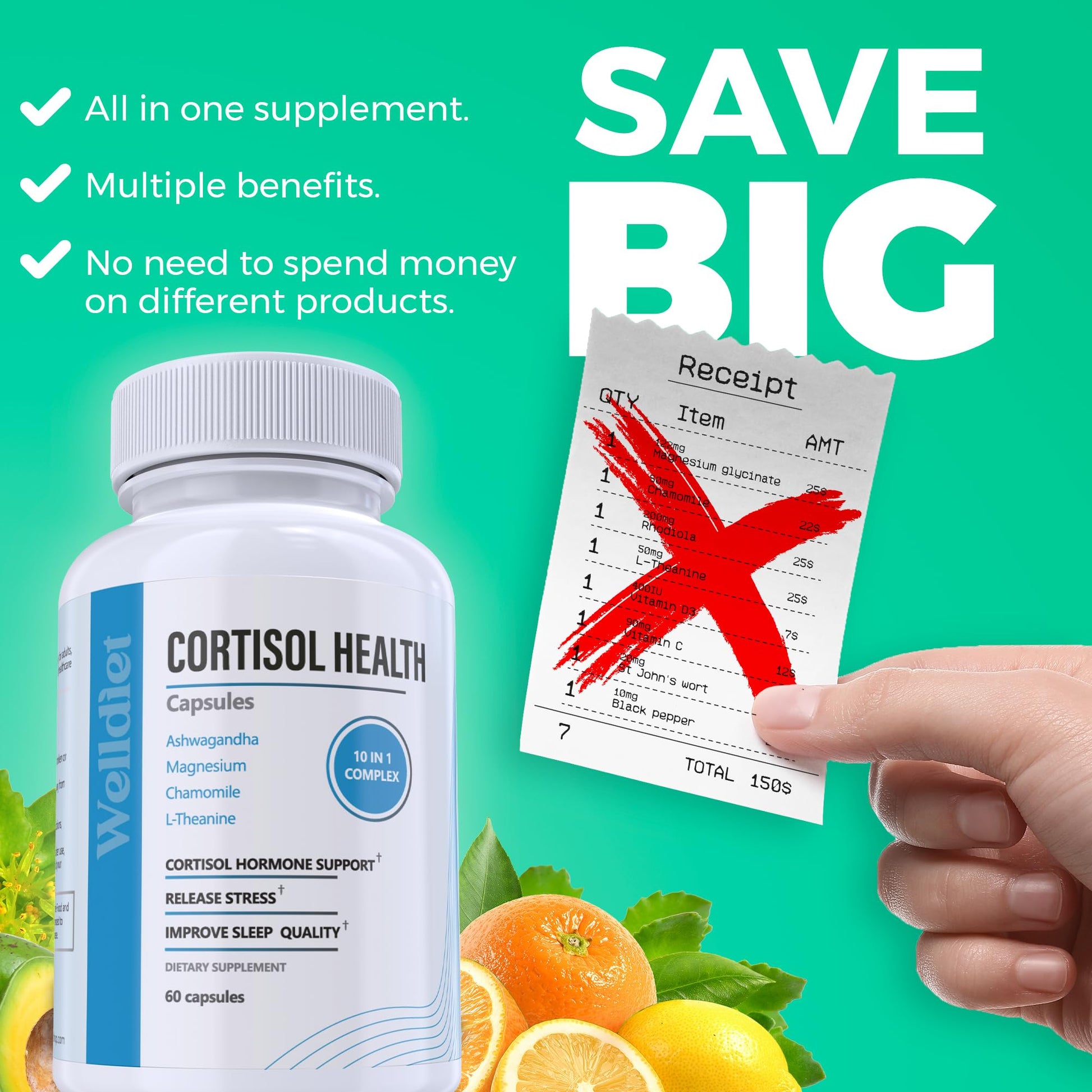 10-in-1 Cortisol Supplements with Magnesium, Ashwagandha, Chamomile, L-Theanine, St. John's Wort, Rhodiola, 60 Capsules, Cortisol Supplements For Women -& Men, Cortisol Reducer, High cortisol - OzHealthStandard