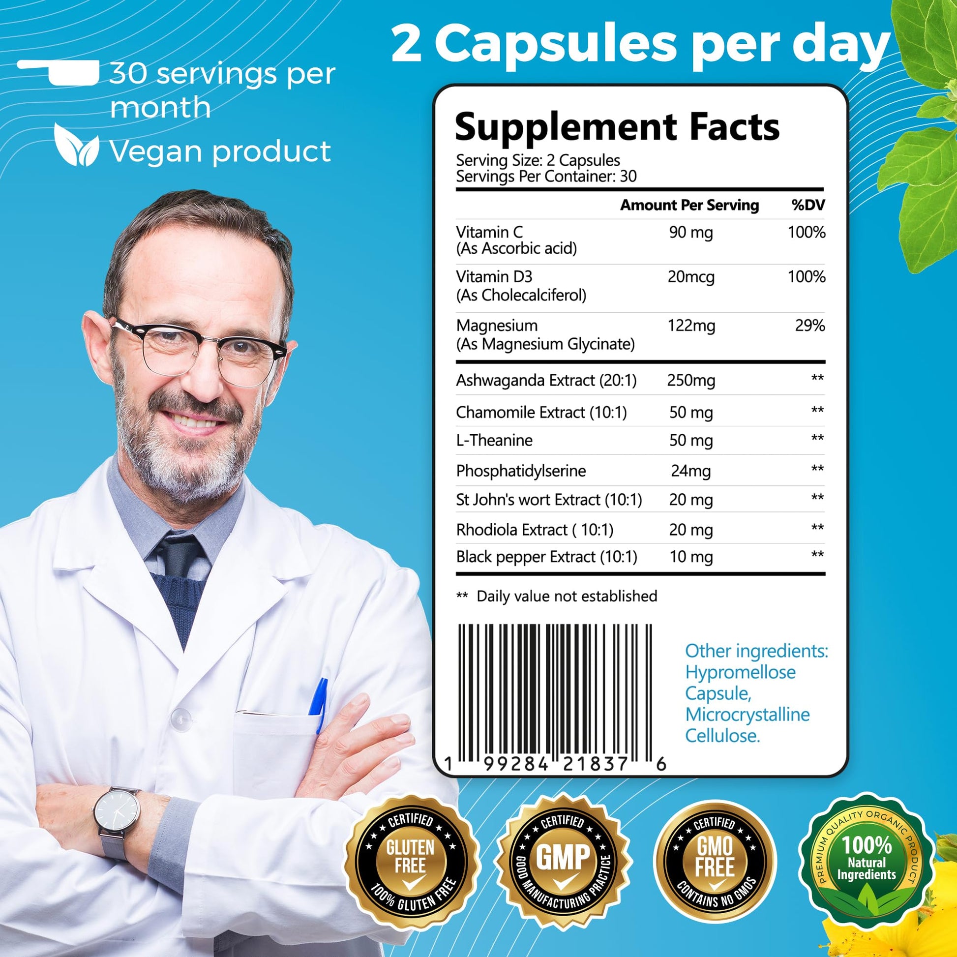 10-in-1 Cortisol Supplements with Magnesium, Ashwagandha, Chamomile, L-Theanine, St. John's Wort, Rhodiola, 60 Capsules, Cortisol Supplements For Women -& Men, Cortisol Reducer, High cortisol - OzHealthStandard