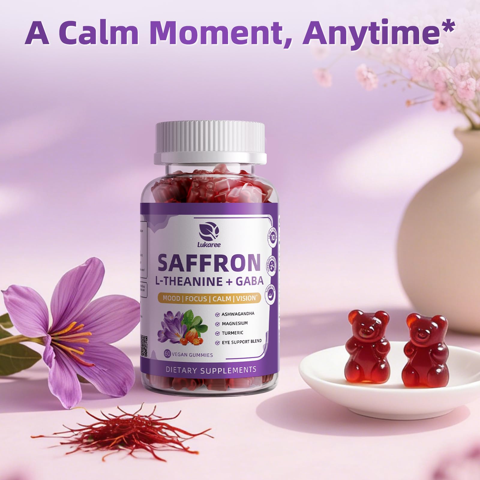 10-in-1 Saffron Supplements Gummies - Saffron Extract 88.5 mg with L-Theanine, GABA, Ashwagandha, Turmeric,Magnesium – Mood, Focus, Vision Support & Cortisol Balance, Sugar Free, Vegan, 60 Counts - OzHealthStandard