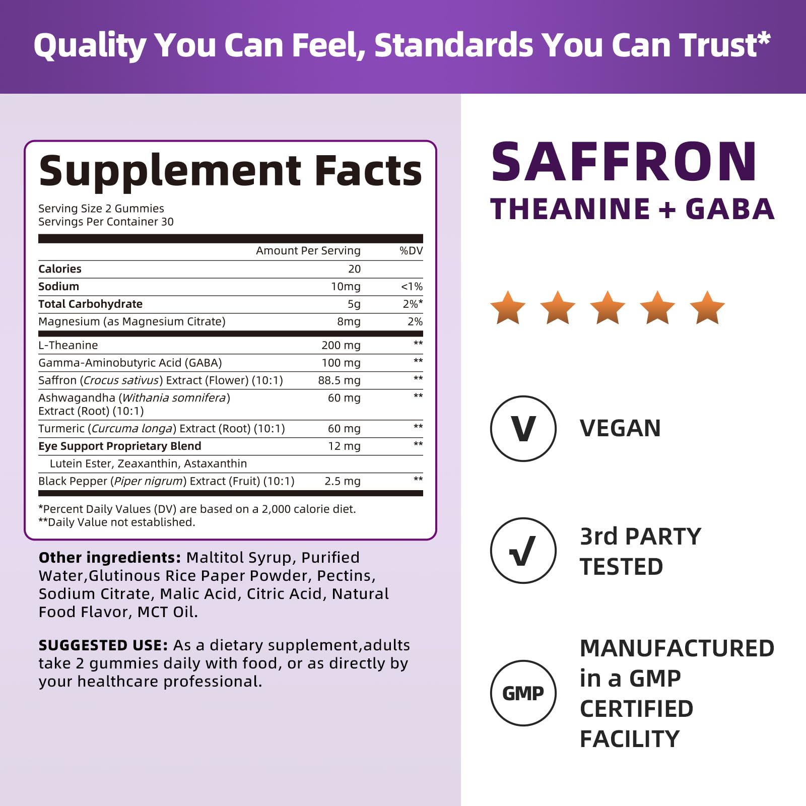 10-in-1 Saffron Supplements Gummies - Saffron Extract 88.5 mg with L-Theanine, GABA, Ashwagandha, Turmeric,Magnesium – Mood, Focus, Vision Support & Cortisol Balance, Sugar Free, Vegan, 60 Counts - OzHealthStandard
