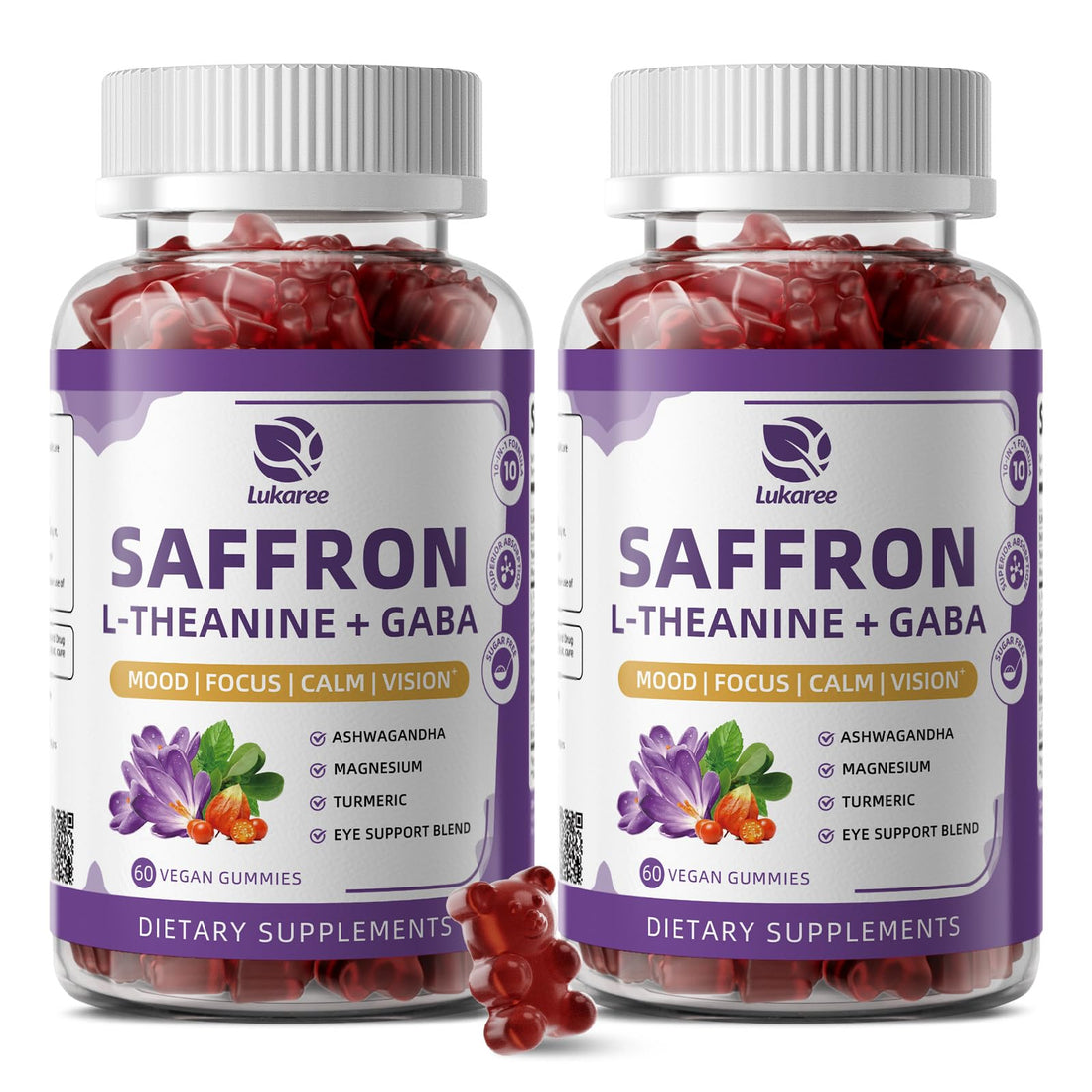 10-in-1 Saffron Supplements Gummies - Saffron Extract 88.5 mg with L-Theanine, GABA, Ashwagandha, Turmeric,Magnesium – Mood, Focus, Vision Support & Cortisol Balance, Sugar Free, Vegan, 60 Counts - OzHealthStandard