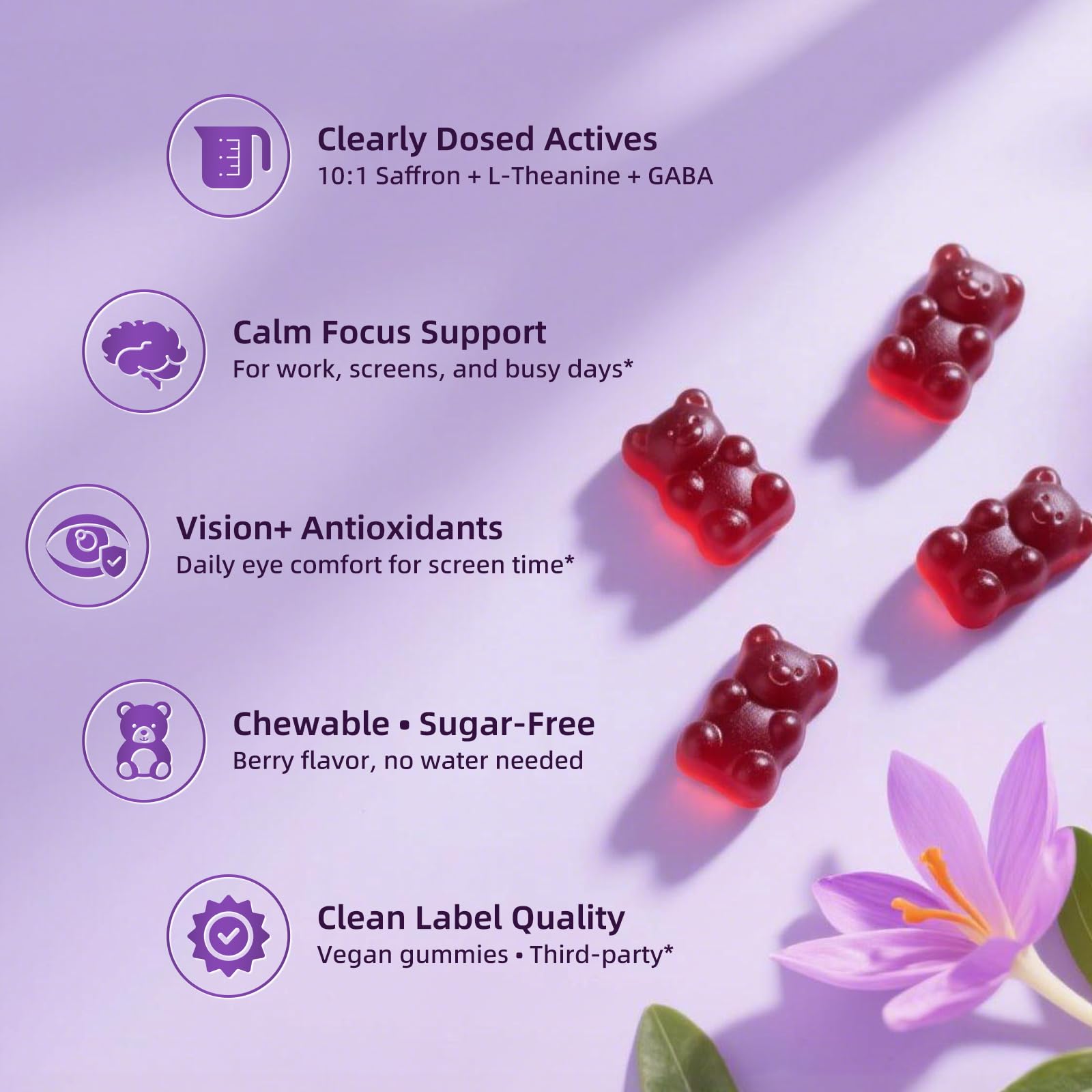 10-in-1 Saffron Supplements Gummies - Saffron Extract 88.5 mg with L-Theanine, GABA, Ashwagandha, Turmeric,Magnesium – Mood, Focus, Vision Support & Cortisol Balance, Sugar Free, Vegan, 60 Counts - OzHealthStandard