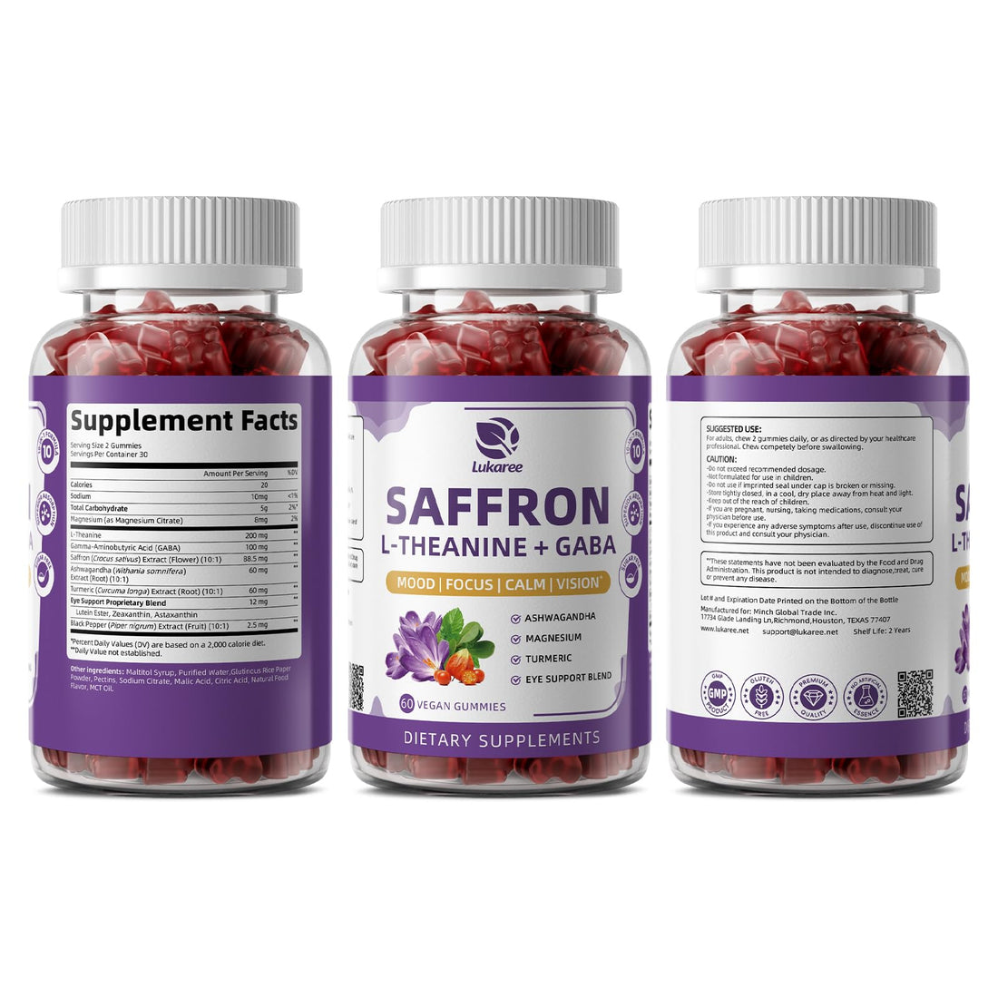10-in-1 Saffron Supplements Gummies - Saffron Extract 88.5 mg with L-Theanine, GABA, Ashwagandha, Turmeric,Magnesium – Mood, Focus, Vision Support & Cortisol Balance, Sugar Free, Vegan, 60 Counts - OzHealthStandard
