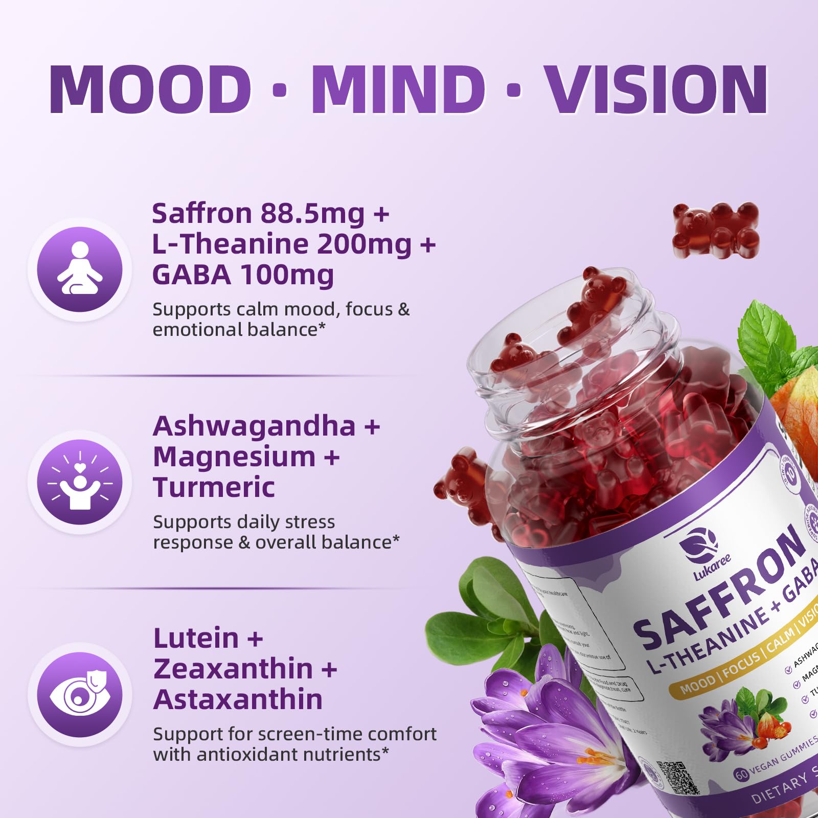 10-in-1 Saffron Supplements Gummies - Saffron Extract 88.5 mg with L-Theanine, GABA, Ashwagandha, Turmeric,Magnesium – Mood, Focus, Vision Support & Cortisol Balance, Sugar Free, Vegan, 60 Counts - OzHealthStandard
