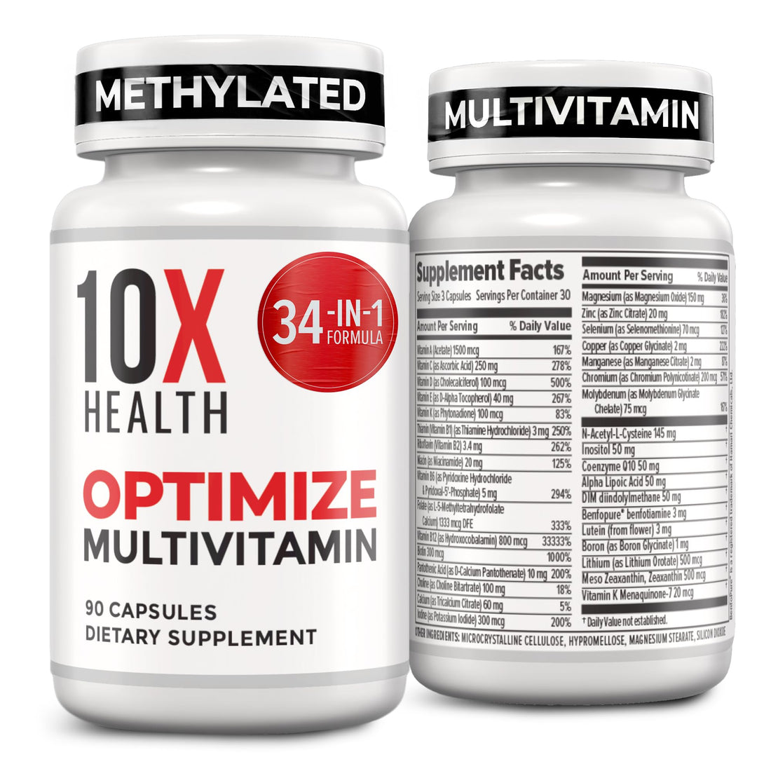 10X Health Optimize Methylated Multivitamin for Men - 90 Capsules, 34 in 1 Formula with 800 mcg of Vitamin B12, 5-MTHF, NAC - OzHealthStandard
