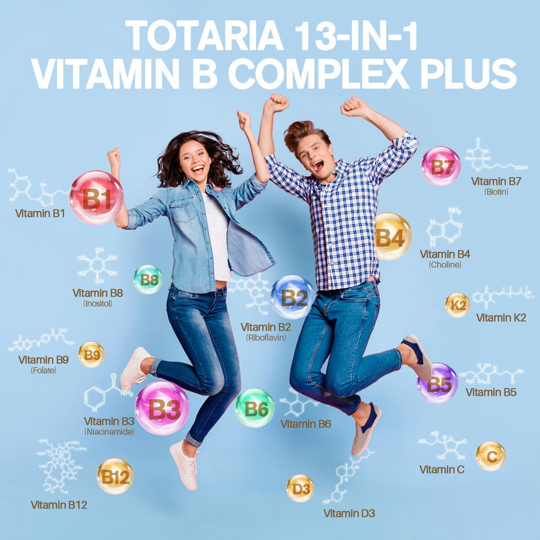 13-in-1 Vitamin B Complex Plus with Vitamin B1, B2, B3 (Niacinamide), B4, B5, B6, B7 (Biotin), B8 (Inositol), B9 (Folate), B12, C, D3, K2 - Energy, Nerve, - OzHealthStandard