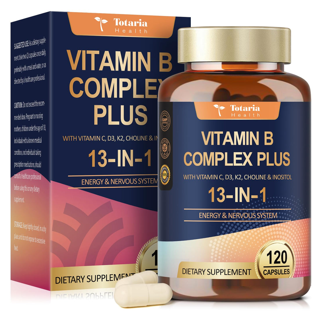 13-in-1 Vitamin B Complex Plus with Vitamin B1, B2, B3 (Niacinamide), B4, B5, B6, B7 (Biotin), B8 (Inositol), B9 (Folate), B12, C, D3, K2 - Energy, Nerve, - OzHealthStandard