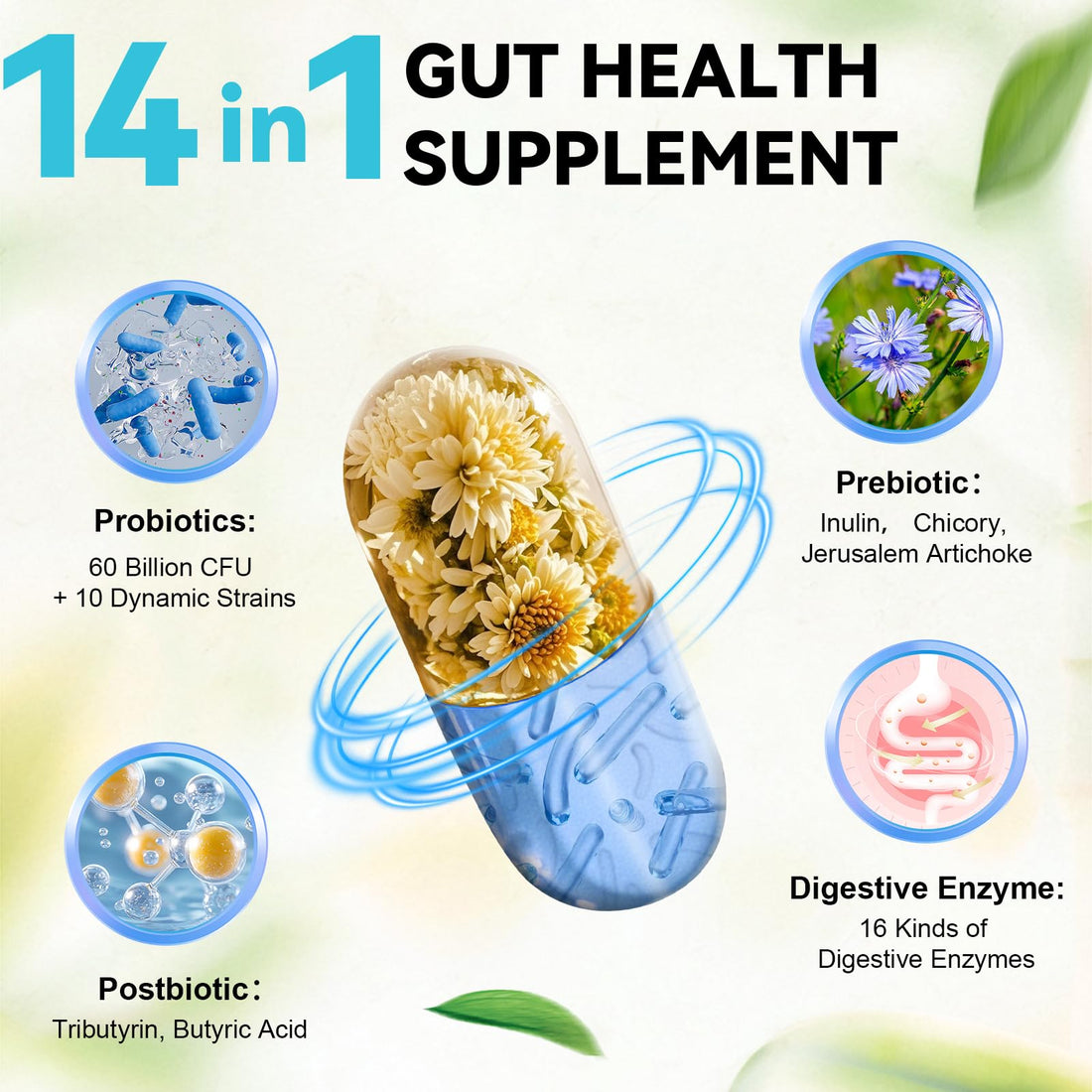 14-in-1 Gut Health with Probiotics, Prebiotics, Postbiotics & Digestive Enzymes for Women & Men, 60 Billion CFU Probiotics for Digestion, Strong Immunity, - OzHealthStandard