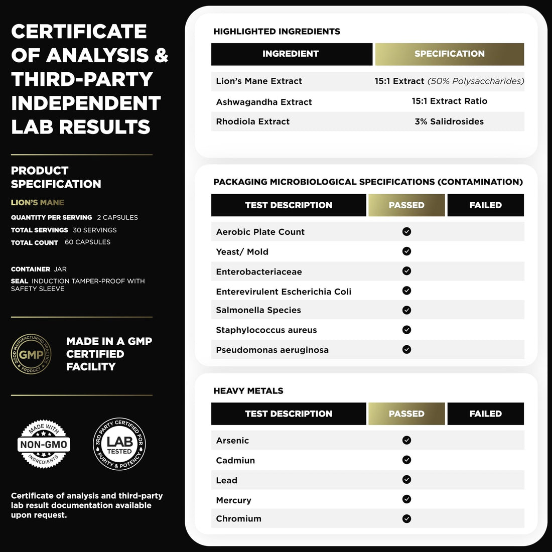 16x Strength Lions Mane Supplement Capsules Super Nootropic w. Ashwagandha & Rhodiola - Highest Potency 16:1 Lion's Mane Mushroom Extract 50% Polysaccharides - OzHealthStandard