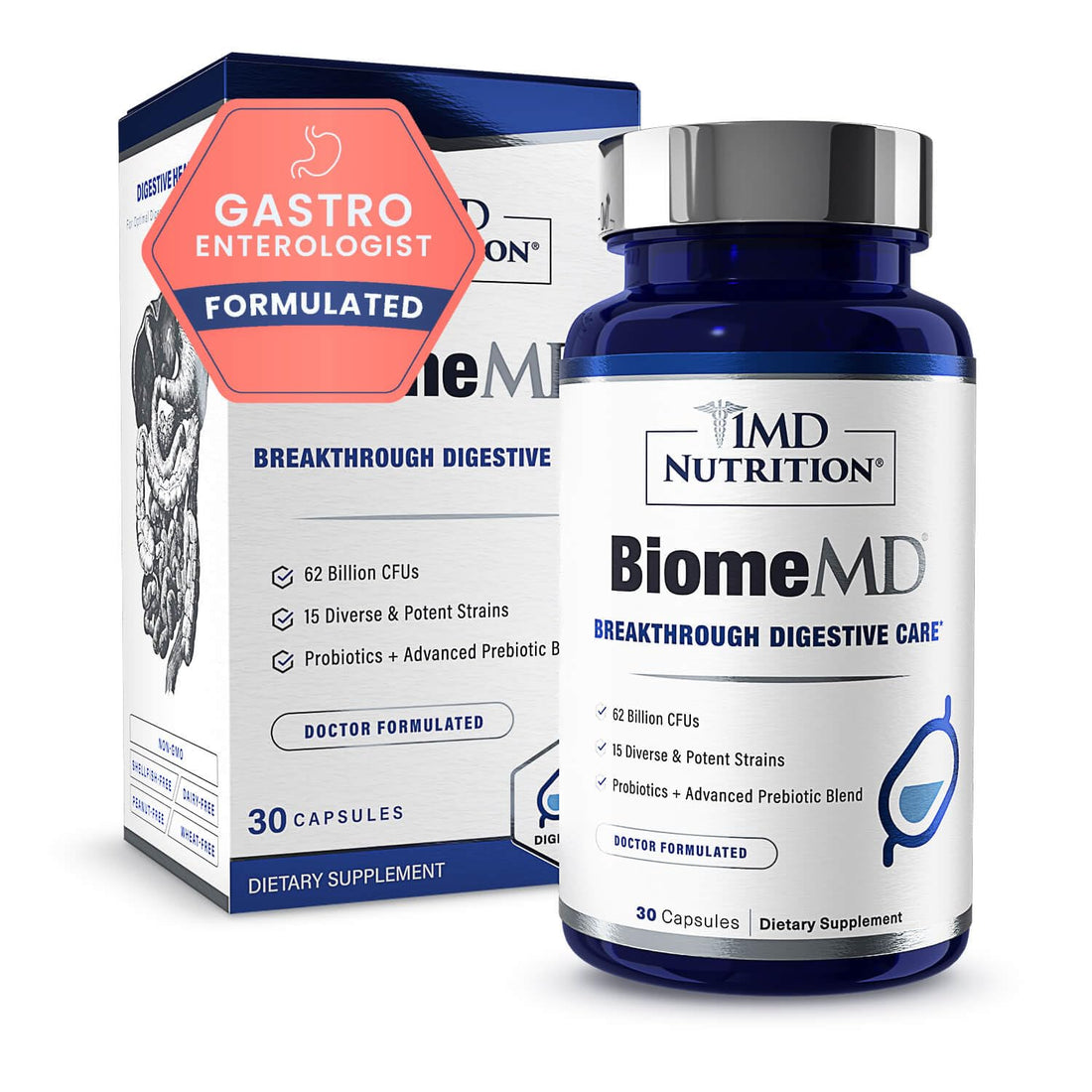 1MD Nutrition BiomeMD Probiotics | 62 Billion CFUs, 15 Comprehensive Strains - Pro & Prebiotics | Doctor-Formulated for Digestive Health & Immune Support | 30 Capsules - OzHealthStandard