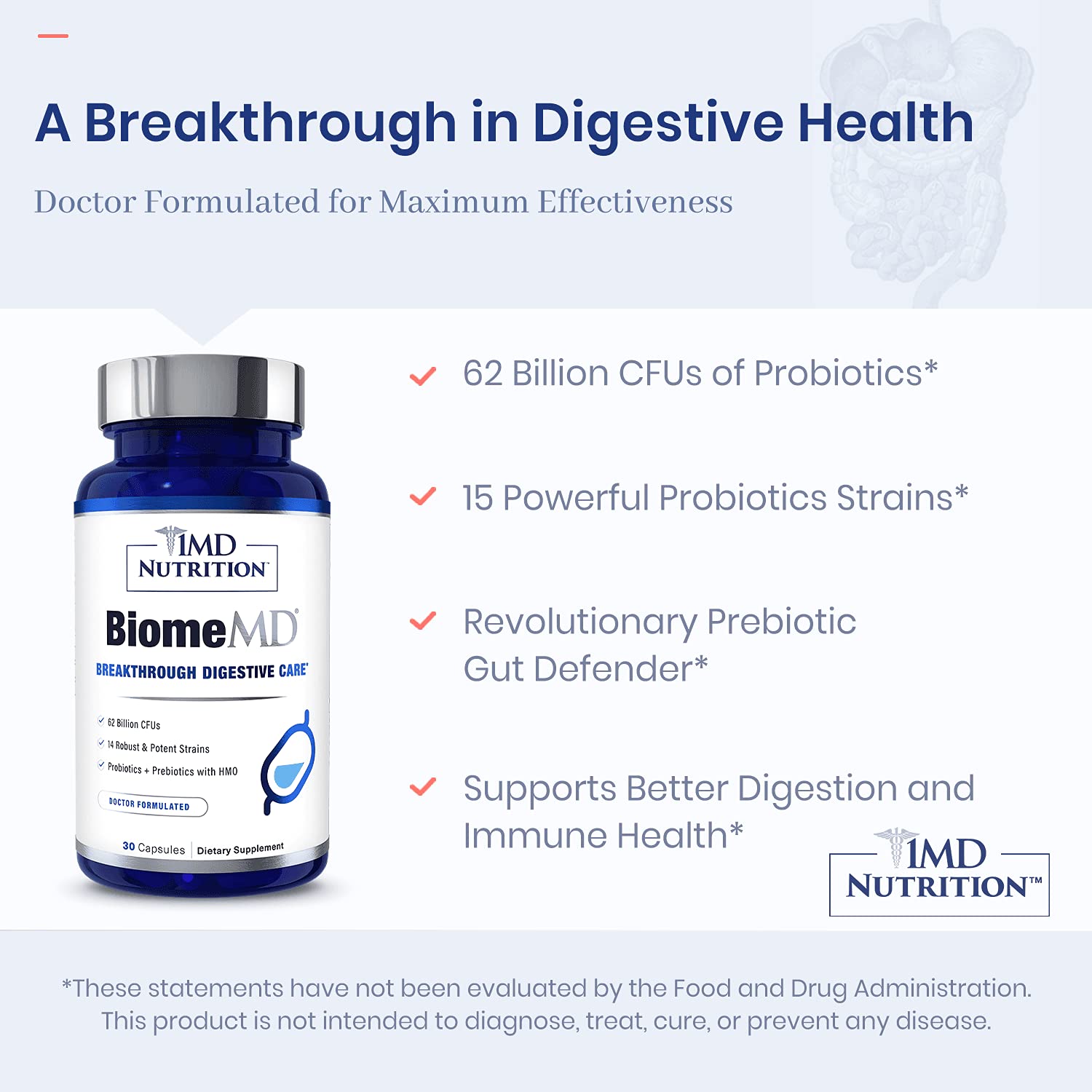 1MD Nutrition BiomeMD Probiotics | 62 Billion CFUs, 15 Comprehensive Strains - Pro & Prebiotics | Doctor-Formulated for Digestive Health & Immune Support | 30 Capsules - OzHealthStandard