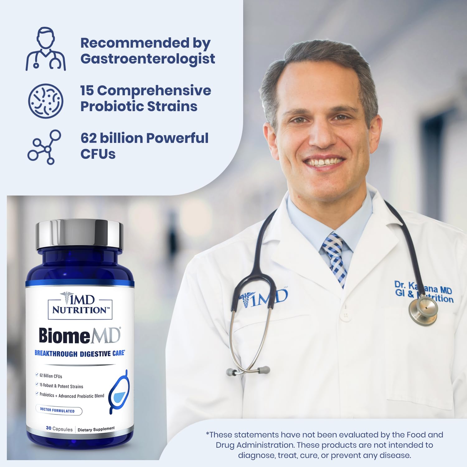 1MD Nutrition BiomeMD Probiotics | 62 Billion CFUs, 15 Comprehensive Strains - Pro & Prebiotics | Doctor-Formulated for Digestive Health & Immune Support | 30 Capsules - OzHealthStandard