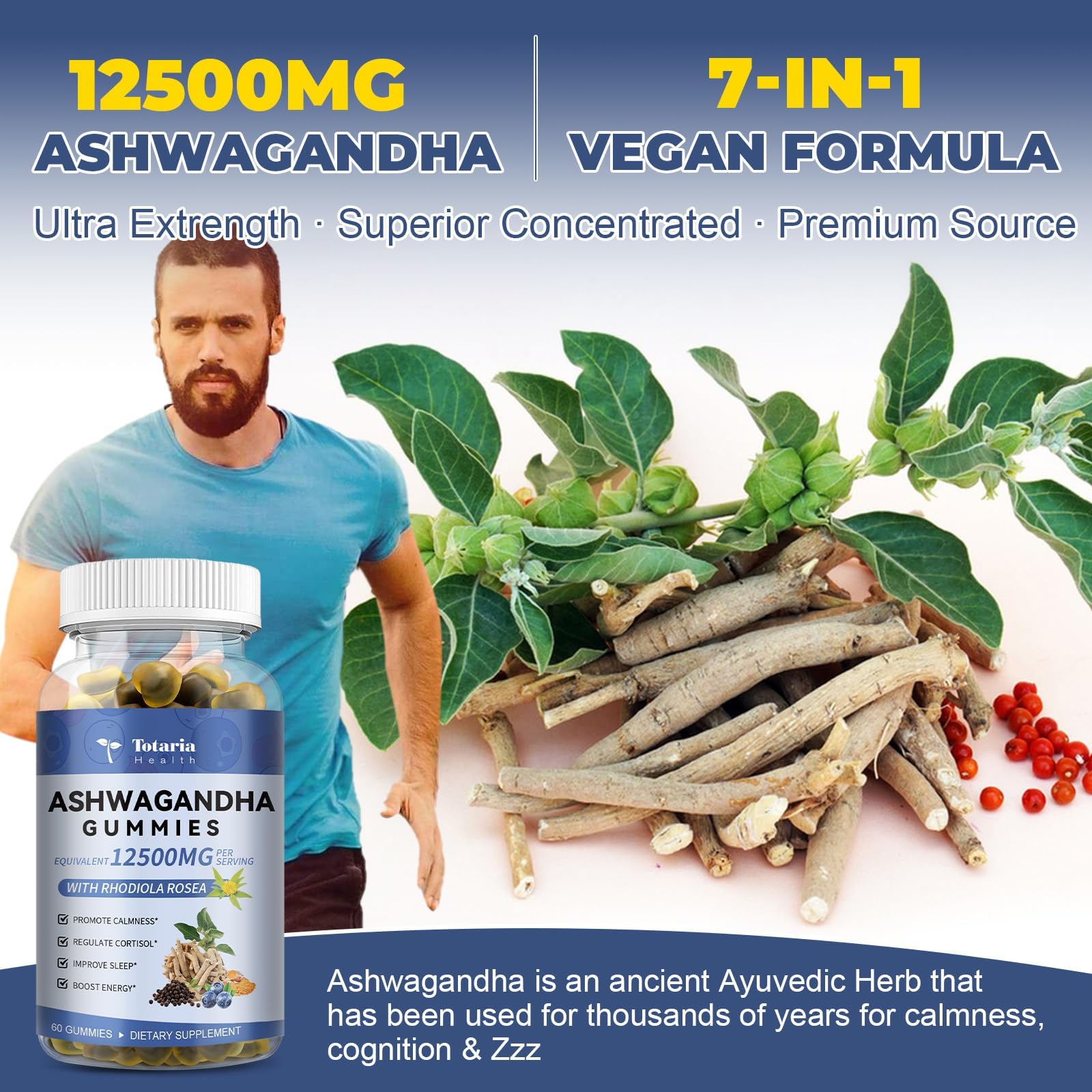 (2 Packs) Sugar Free Ashwagandha Filled Gummies w/Vitamin D3, Magnesium Glycinate, Rhodiola, Ultra Strength Ashwa Root Supplements for Women & Wen, for Relaxation, Energy, Cortisol Gummies - OzHealthStandard