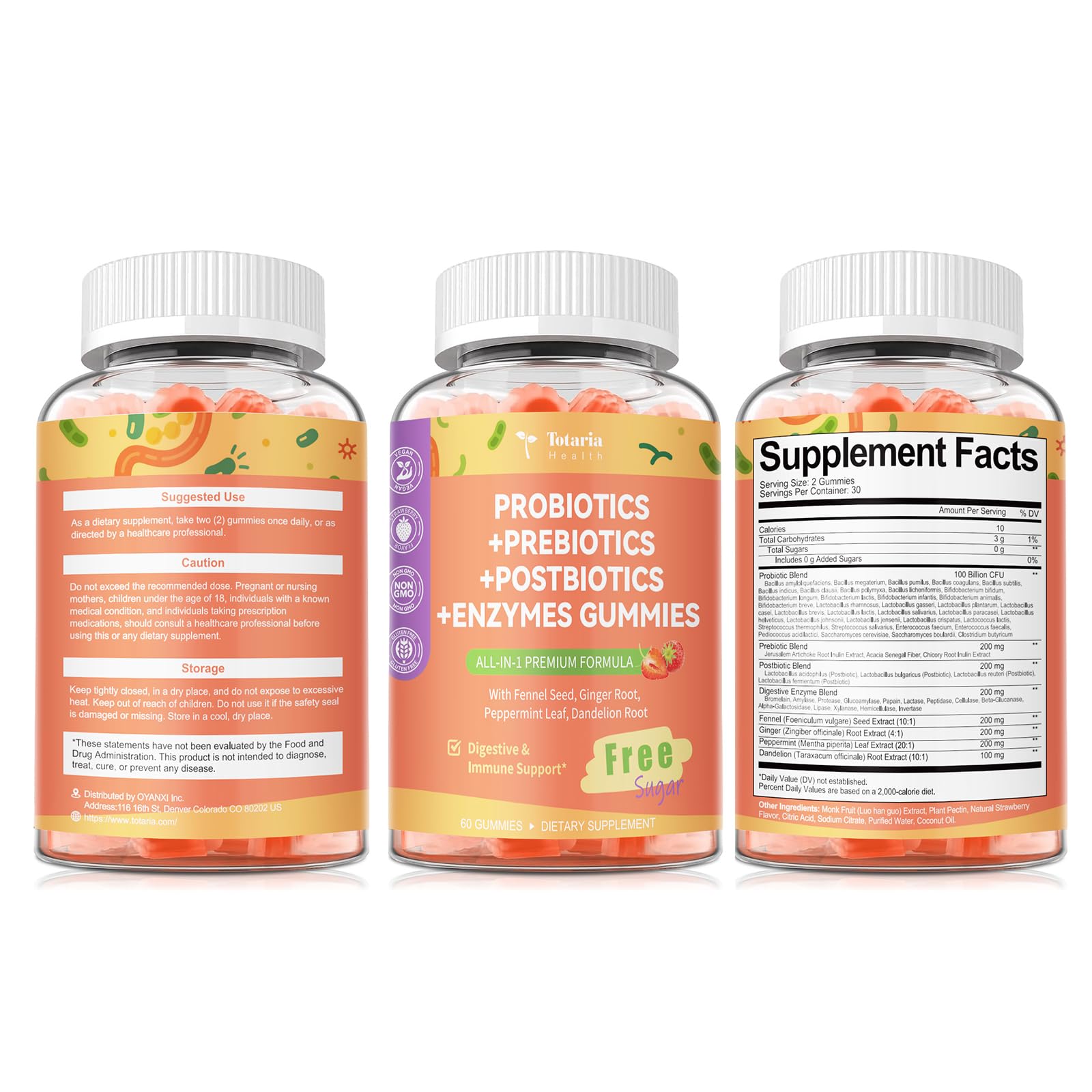 (2 Packs) Totaria Sugar Free 5-in-1 Probiotic Prebiotic Postbiotic Gummy, Probiotics for Women Men with Digestive Enzymes, Peppermint, Complete Immune, Gut & Digestive Support, Vegan Strawberry Flavor - OzHealthStandard