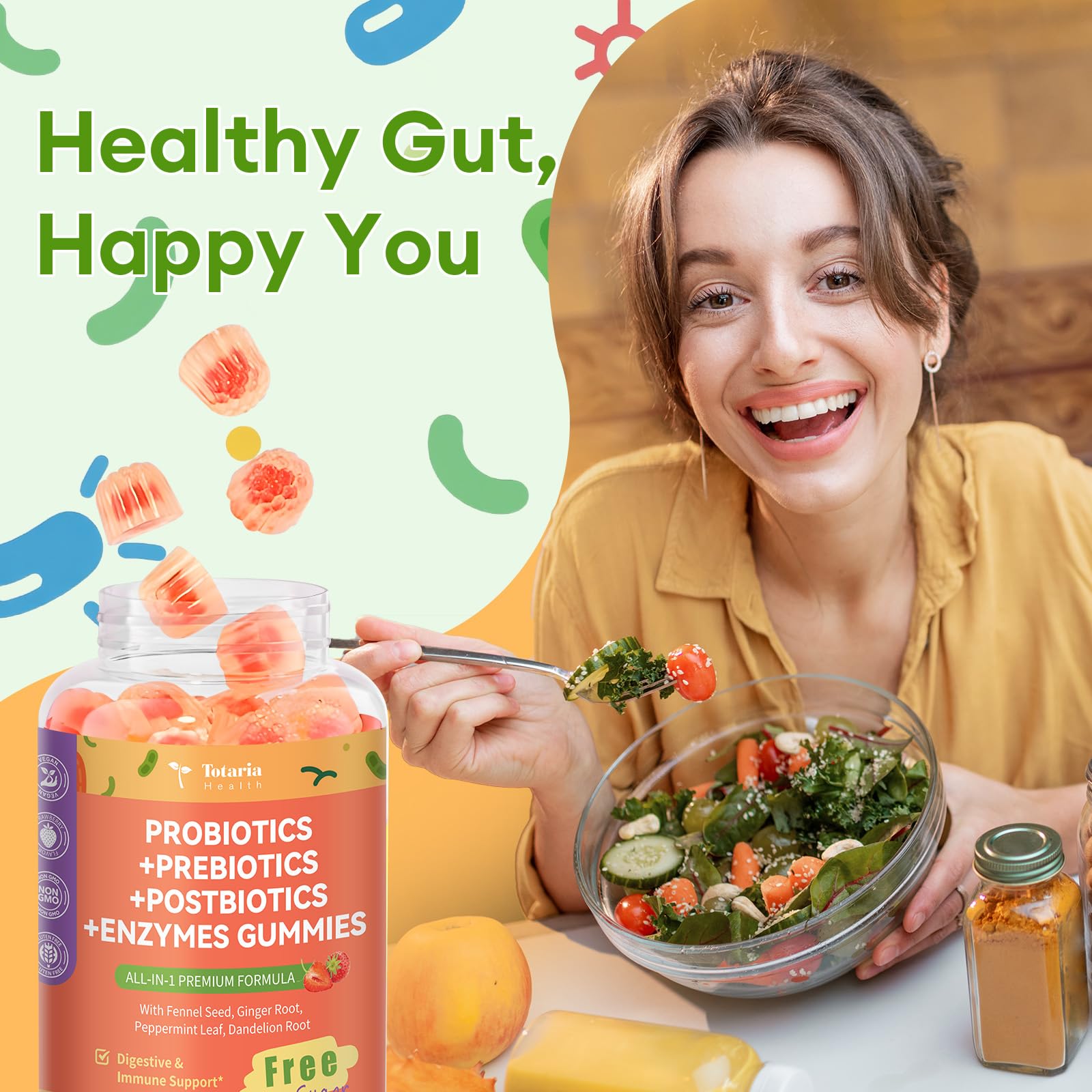 (2 Packs) Totaria Sugar Free 5-in-1 Probiotic Prebiotic Postbiotic Gummy, Probiotics for Women Men with Digestive Enzymes, Peppermint, Complete Immune, Gut & Digestive Support, Vegan Strawberry Flavor - OzHealthStandard