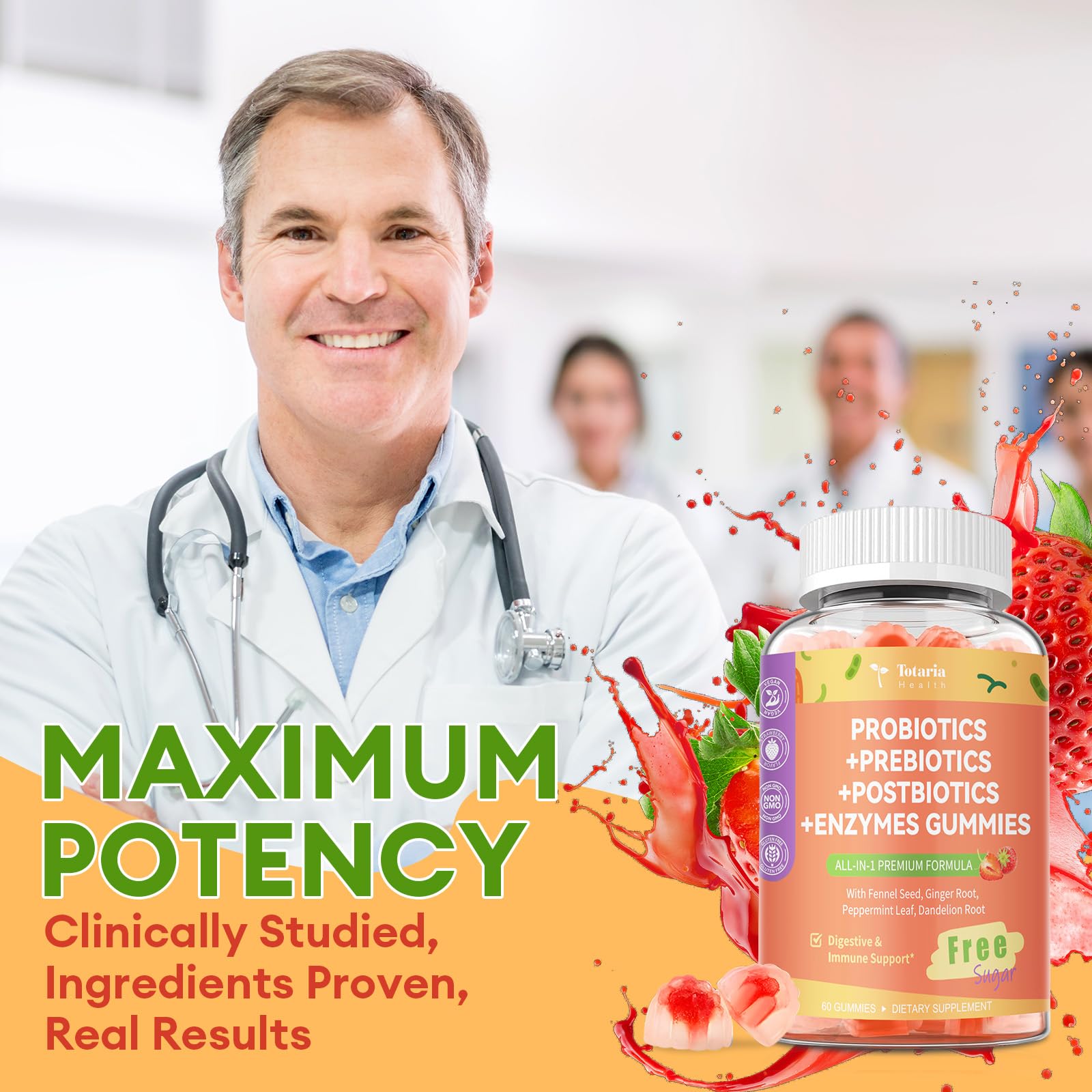 (2 Packs) Totaria Sugar Free 5-in-1 Probiotic Prebiotic Postbiotic Gummy, Probiotics for Women Men with Digestive Enzymes, Peppermint, Complete Immune, Gut & Digestive Support, Vegan Strawberry Flavor - OzHealthStandard