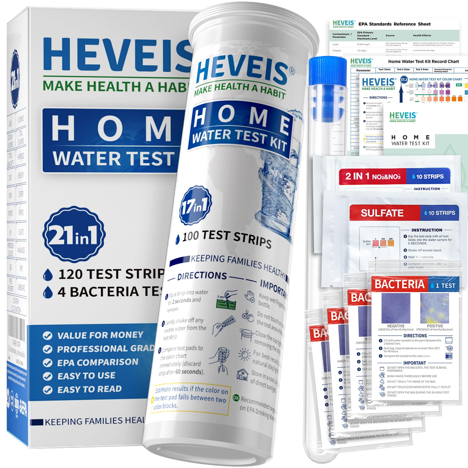 21-in-1 Home Drinking Water Testing Kit - 120 Strips + 4 Bacteria Tests - Tap and Well Water Test Kit, Easy to Test and Read for Hardness, Lead, Iron, Fluoride, pH, Copper, Bacteria and More - OzHealthStandard