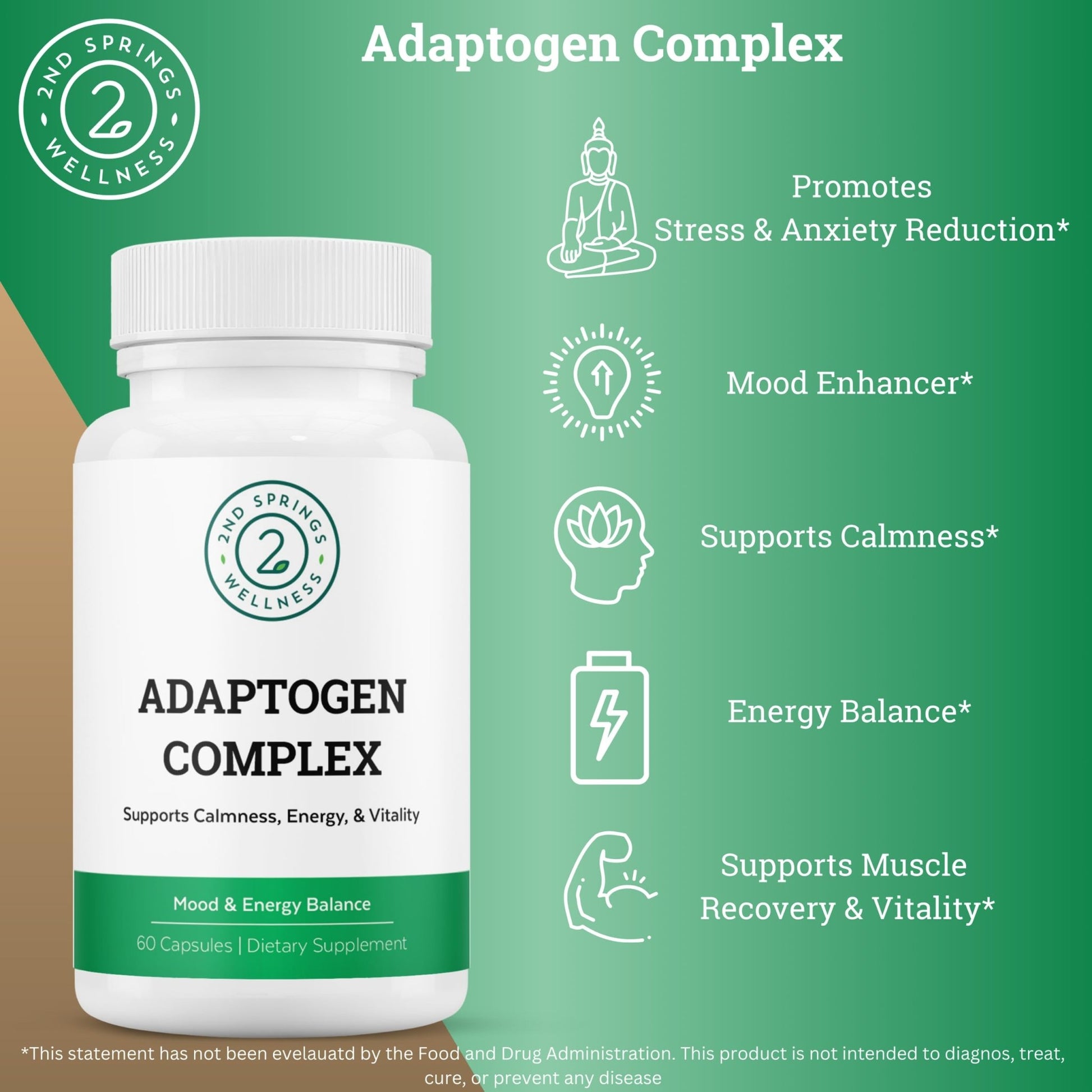 2nd Springs Adaptogen Complex Calmness, Energy and Vitality Booster - Ashwagandha, Schisandra, Astragalus, Ginseng, Rhodiola, and More - Adrenal Support Supplements - 60 Ct - OzHealthStandard