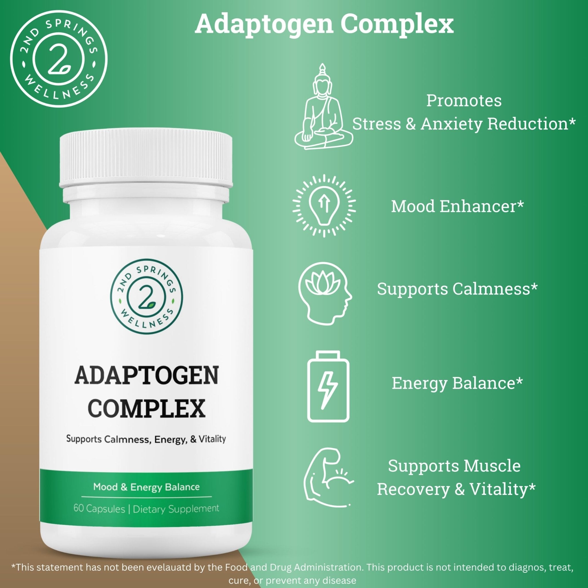 2nd Springs Adaptogen Complex Calmness, Energy and Vitality Booster - Ashwagandha, Schisandra, Astragalus, Ginseng, Rhodiola, and More - Adrenal Support Supplements - 60 Ct - OzHealthStandard