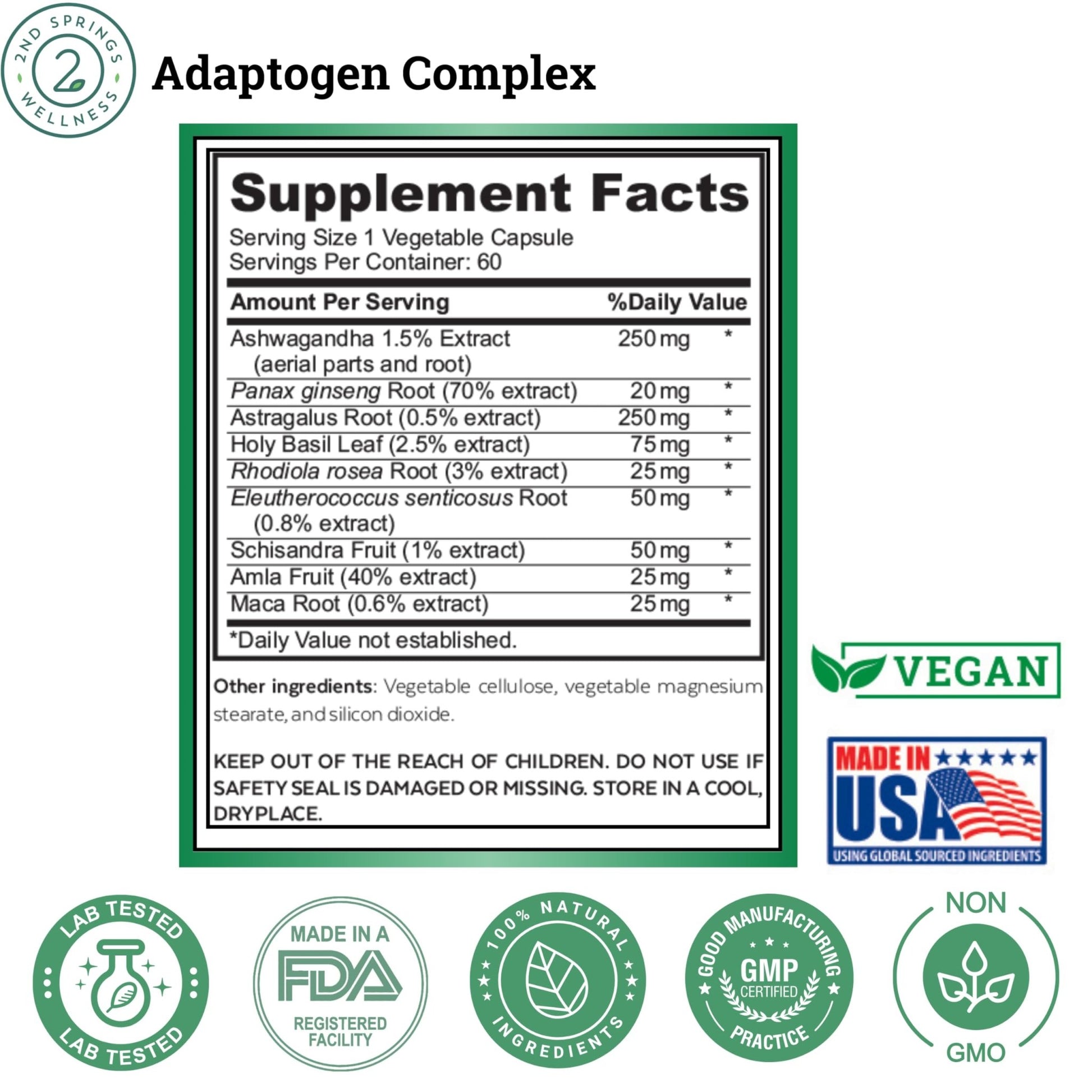 2nd Springs Adaptogen Complex Calmness, Energy and Vitality Booster - Ashwagandha, Schisandra, Astragalus, Ginseng, Rhodiola, and More - Adrenal Support Supplements - 60 Ct - OzHealthStandard
