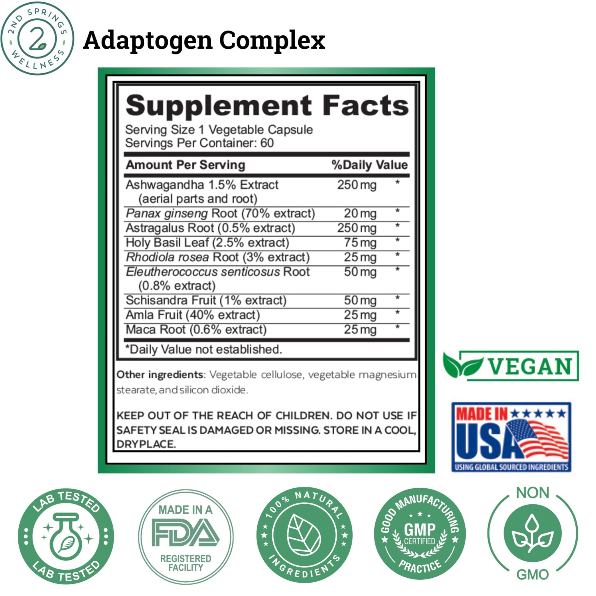 2nd Springs Adaptogen Complex Calmness, Energy and Vitality Booster - Ashwagandha, Schisandra, Astragalus, Ginseng, Rhodiola, and More - Adrenal Support Supplements - 60 Ct - OzHealthStandard