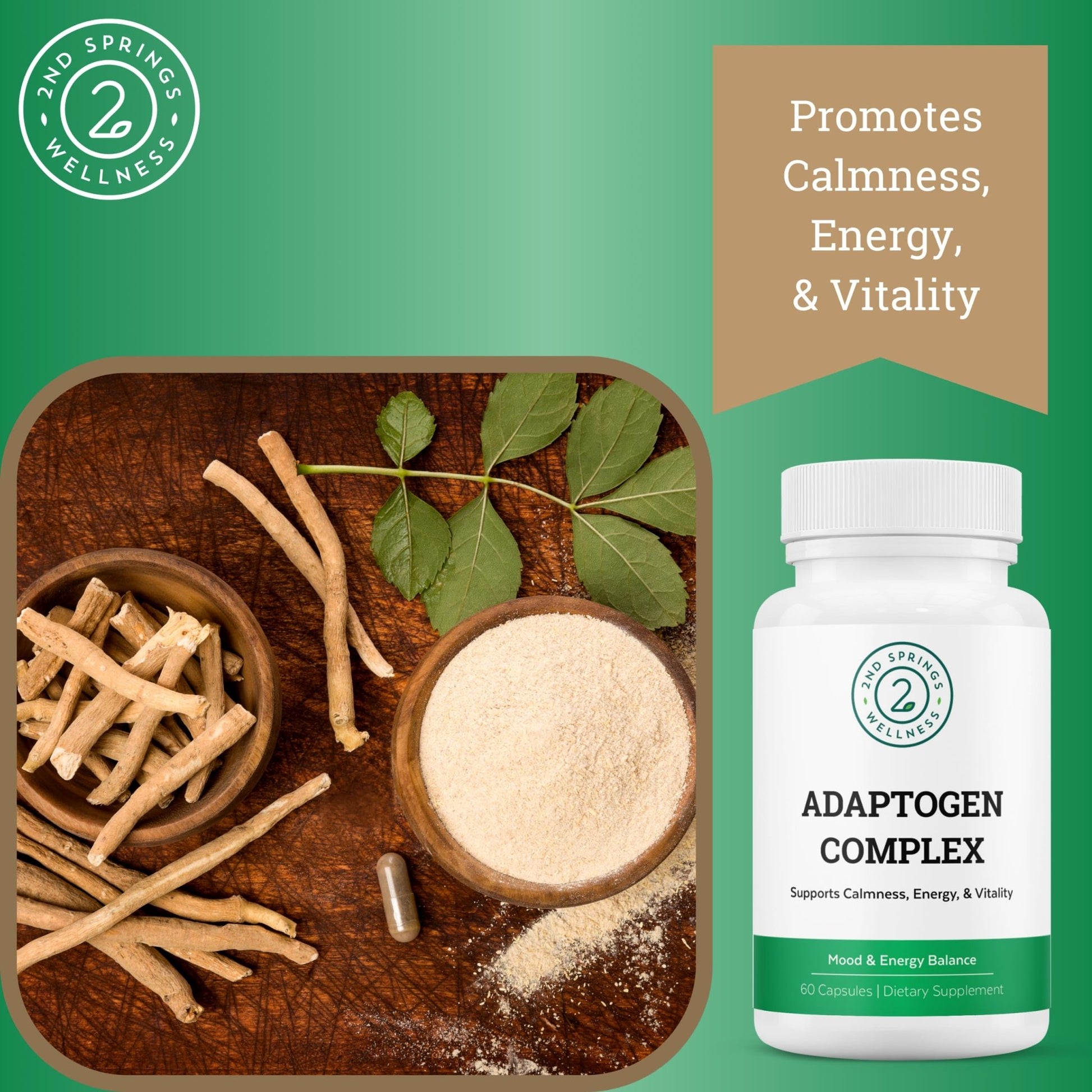 2nd Springs Adaptogen Complex Calmness, Energy and Vitality Booster - Ashwagandha, Schisandra, Astragalus, Ginseng, Rhodiola, and More - Adrenal Support Supplements - 60 Ct - OzHealthStandard