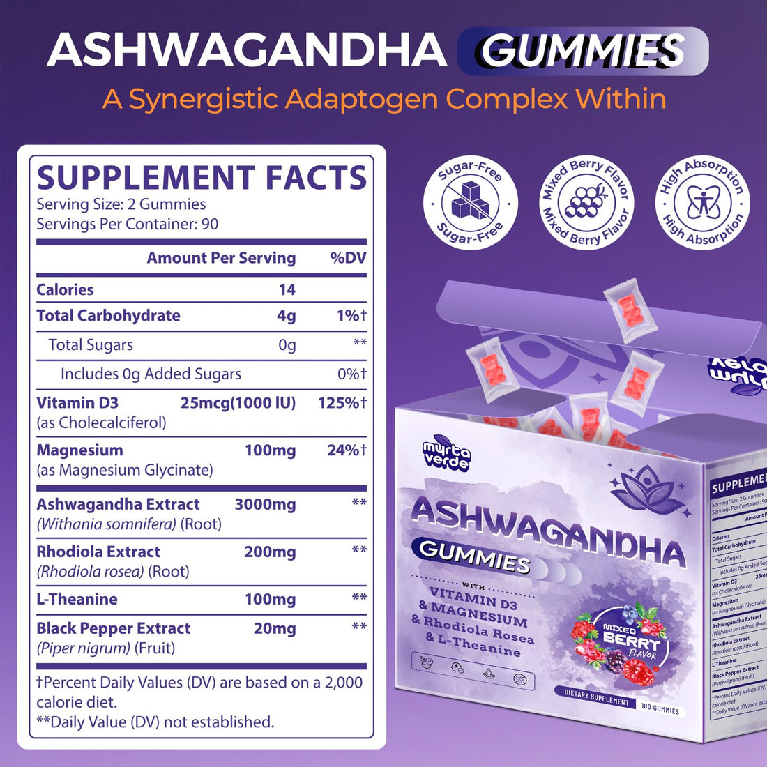 3000mg Ashwagandha Gummies for Women & Men, 180 Count | Extra Strength Ashwagandha Supplement for Stress, Relaxation & Immune Support | Magnesium, Rhodiola, L-Theanine, D3 | Sugar Free Mixed Berry - OzHealthStandard