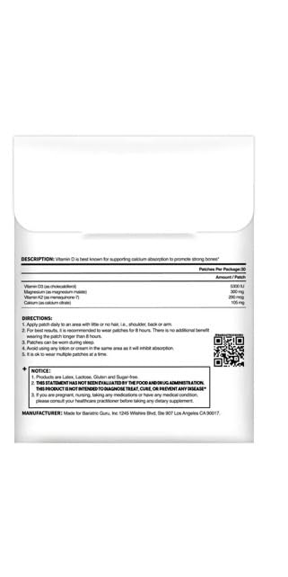 Bariatric Guru VitaBoost Supplement Patch — Vitamin D3, K2, Magnesium & Calcium Citrate Transdermal Topical Patch for Bone, Muscle & Immune Support — 30 Patches Bariatric Guru buy supplements canada