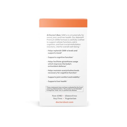 Doctor's Best SAM-e Mood & Joint Support & Liver Health (Pharmaceutical Grade/Non-GMO/Gluten Free/Vegetarian), Tablet, 60 Count (Pack of 1) Doctor's BEST buy supplements canada