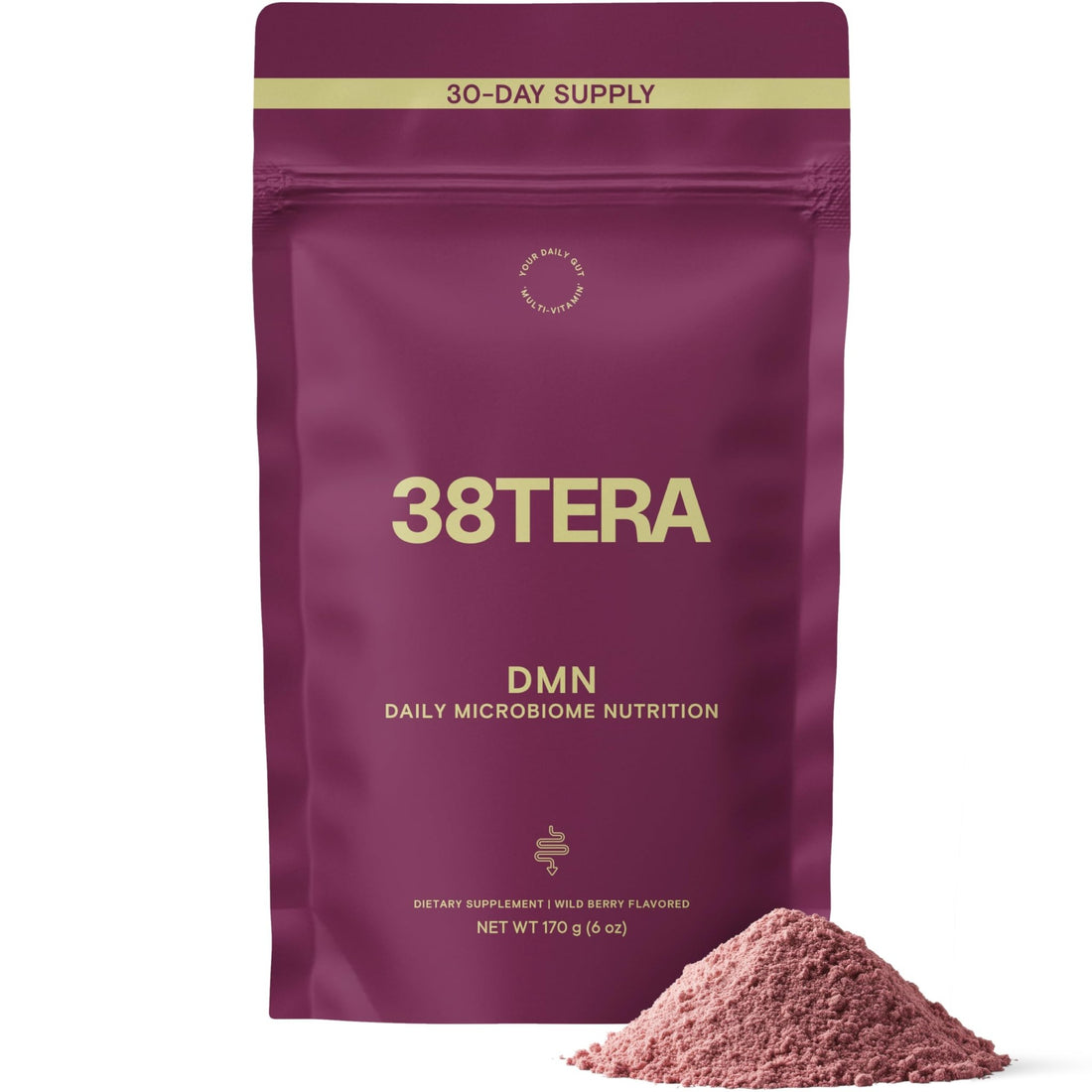 38TERA DMN (Daily Microbiome Nutrition), 6 Oz, Plant-Based Fiber Powder with 3 Different Prebiotics, Helps Digestive & Gut Health, Low FODMAP Supplement, Vegan, Wild Berry Flavor, 30 Servings - OzHealthStandard