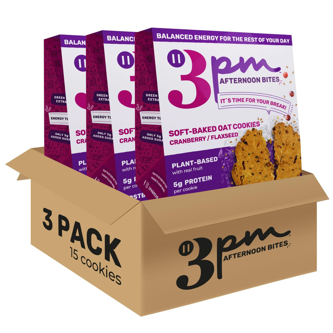 3PM Afternoon Bites Cranberry Flaxseed Cookies with Postbiotics, 5g of Protein, 15 Cookies - OzHealthStandard