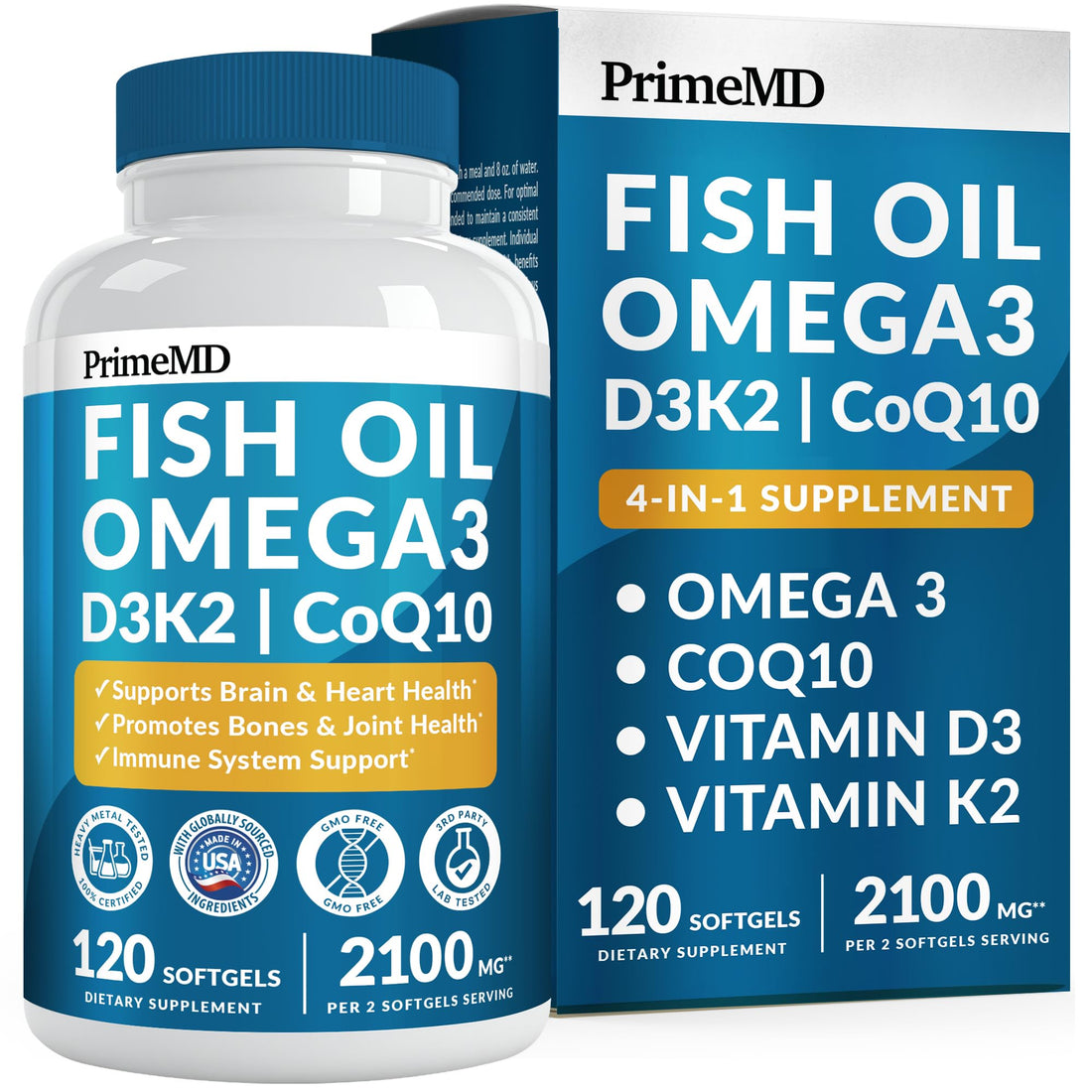 4-in-1 Fish Oil Omega 3 Fatty Supplements (2100mg) - Omega 3 Fish Oil with Vitamins D3 K2 and CoQ10 - Lemon Flavored (120 softgels) - OzHealthStandard