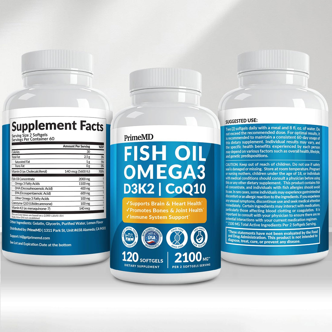 4-in-1 Fish Oil Omega 3 Fatty Supplements (2100mg) - Omega 3 Fish Oil with Vitamins D3 K2 and CoQ10 - Lemon Flavored (120 softgels) - OzHealthStandard
