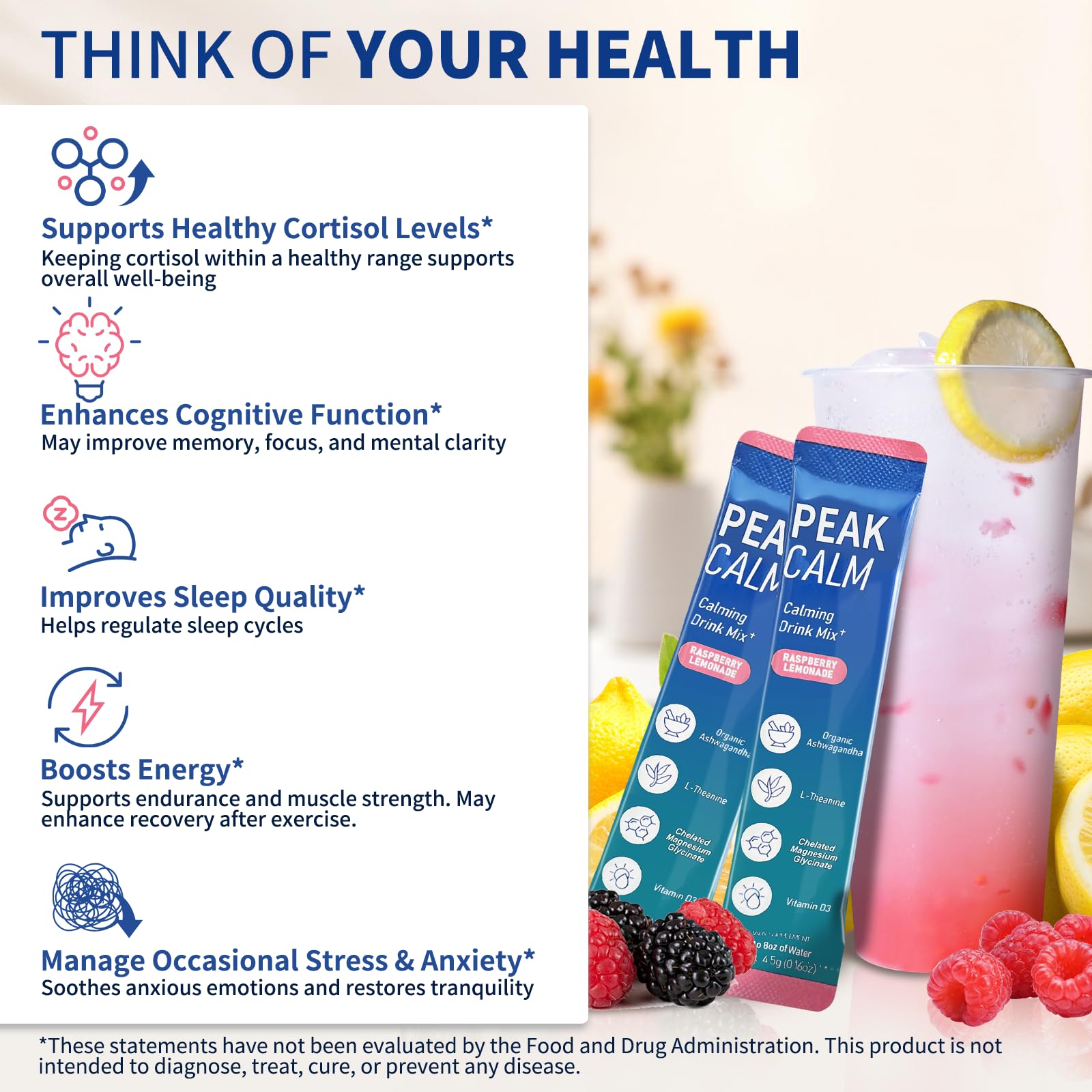 40 Count Super Cortisol Calm Drink with Magnesium Glycinate, Ashwagandha, L-Theanine & Vitamin D3 |Magnesium glycinate Powder for Relaxation, Focus & Sleep Support | Raspberry Lemonade | No Sugar - OzHealthStandard