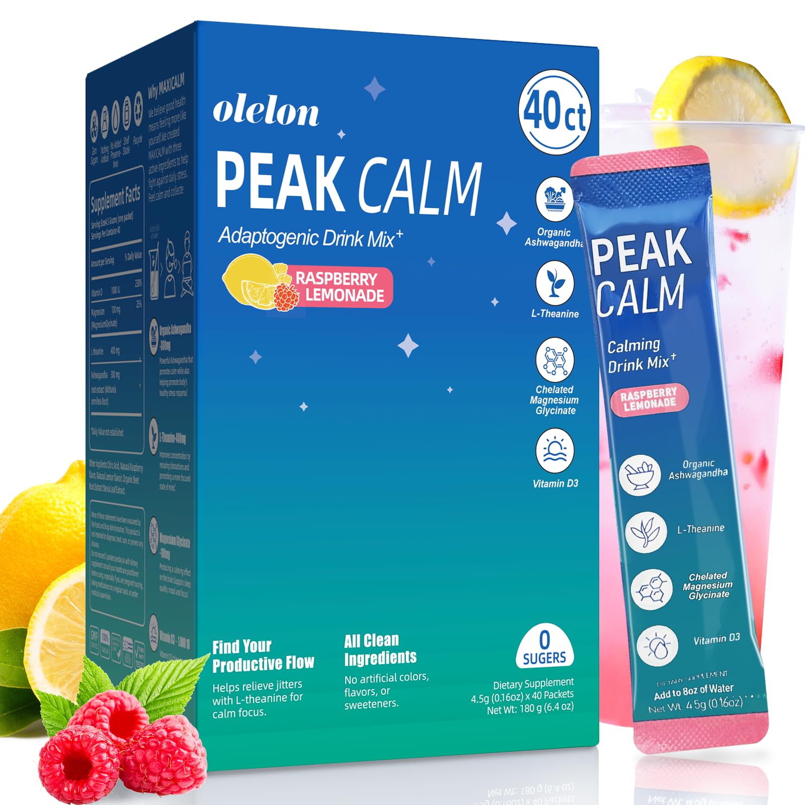40 Count Super Cortisol Calm Drink with Magnesium Glycinate, Ashwagandha, L-Theanine & Vitamin D3 |Magnesium glycinate Powder for Relaxation, Focus & Sleep Support | Raspberry Lemonade | No Sugar - OzHealthStandard