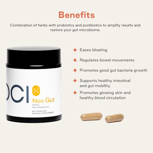 NOOCI NOO Gut, Gut + Skin: 3-in-1 Gut Health Supplement with Herbs, Probiotic & Postbiotic, Digestive Support for Bloating & Constipation, 60 Vegan Capsules NOOCI buy supplements canada