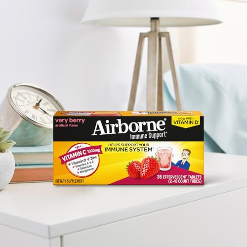 Vitamin C 1000mg (per serving) - Airborne Very Berry Effervescent Tablets (36 count in a box), Gluten-Free Immune Support Supplement, With Vitamins A C E, ZINC, Selenium, Echinacea & Ginger Airborne buy supplements canada