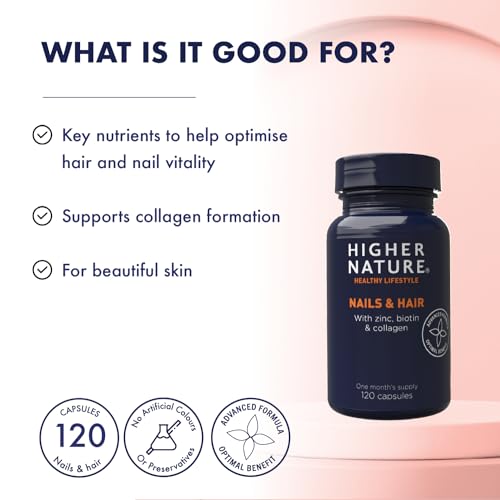 Higher Nature - Nails & Hair - Contains Zinc, Biotin & Collagen - Supports Beautiful Skin - 120 Capsules HIGHER NATURE buy supplements canada