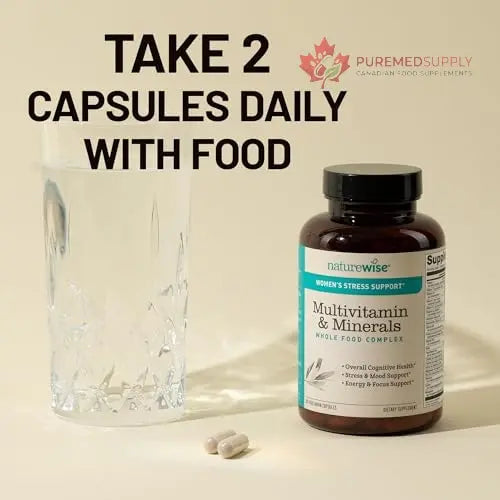 NatureWise Multivitamin for Women + Stress Support with Organic Whole Foods & Natural Minerals - B-Complex + Vitamin C + D3 K2 for Immunity, Hair, Skin & Nails - Non-GMO - 60 Capsules[30-Day Supply] NatureWise buy supplements canada