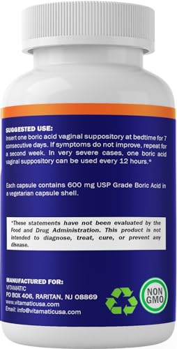 Vitamatic Boric Acid Vaginal Suppositories 600 mg USP Grade Boric Acid in Vegetarian Capsule Shell - 60 Count Vitamatic buy supplements canada