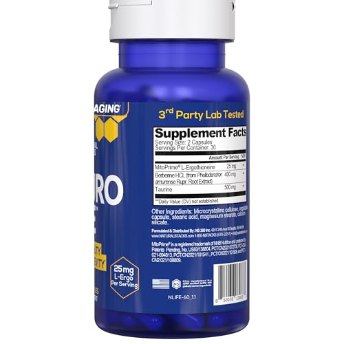 NeuroLife Longevity Supplement - 500mg Taurine & 400mg Berberine Supplement - Clinically Tested MitoPrime L-Ergothioneine - Brain Support for Cognitive Vitality - 60 Berberine Capsules NATURAL STACKS buy supplements canada
