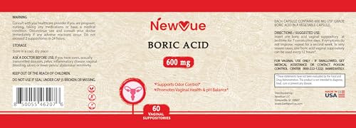NewVue Boric Acid Vaginal Suppositories (600mg, 60 Count) Supports Vaginal pH Balance, Odor Control (USP Medical Grade Fine Powder, Easy Dissolve, Third Party Tested, Made in USA) NewVue buy supplements canada