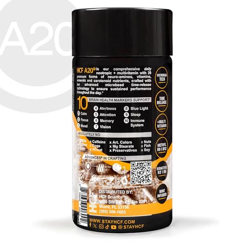 HCF A20 Microbead Brain Health Supplements for Adults for Memory, Focus, Calm, Mood, Alertness, Attention, Vision, Sleep, Immune System, 20 Premium Nootropic Nutrients Multivitamin & 7 Advances® Tech HCF buy supplements canada