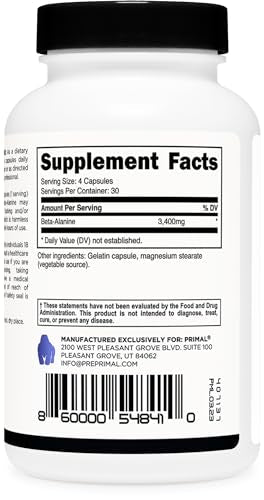 Primal Beta-Alanine Capsules 3400mg (30 Servings, 120 Capsules) - Supplement, Gluten Primal buy supplements canada