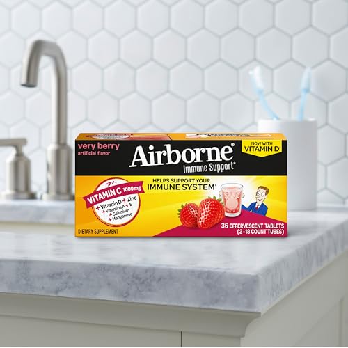 Vitamin C 1000mg (per serving) - Airborne Very Berry Effervescent Tablets (36 count in a box), Gluten-Free Immune Support Supplement, With Vitamins A C E, ZINC, Selenium, Echinacea & Ginger Airborne buy supplements canada