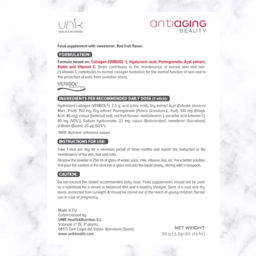 Unik Antiaging Beauty | Hydrolysed Collagen VERISOL (5 Clinical Studies) with Hyaluronic Acid UN 1K HEALTH & NUTRITION buy supplements canada
