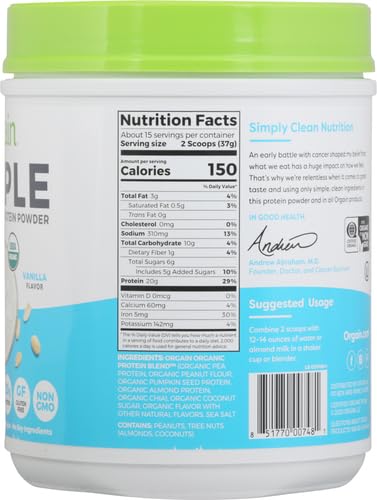 Orgain Organic Simple Vegan Protein Powder, Vanilla - 20g Plant Based Protein Orgain buy supplements canada